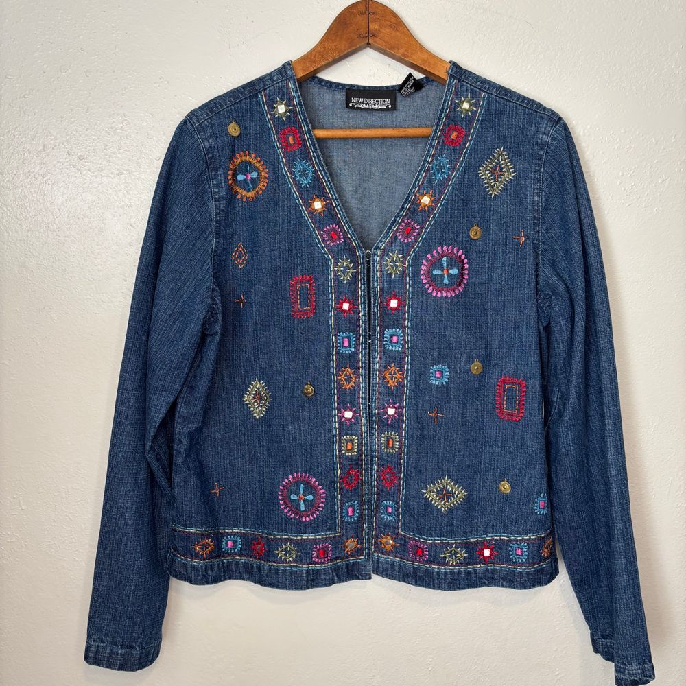 Vintage New Direction Embroidered Beaded Denim Blue Jean Jacket Y2K Medium Women